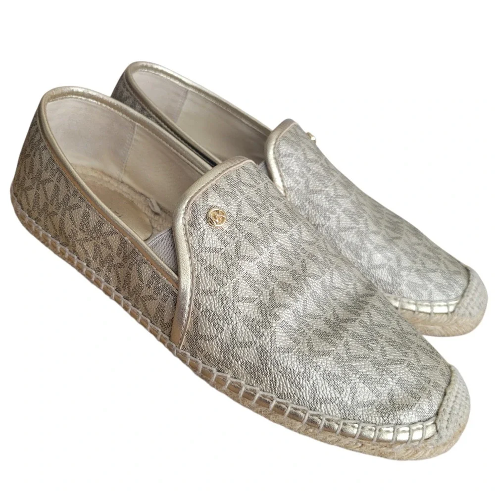 Michael Kors Hastings Logo Espadrille Slip On Shoes Gold Sz 8.5